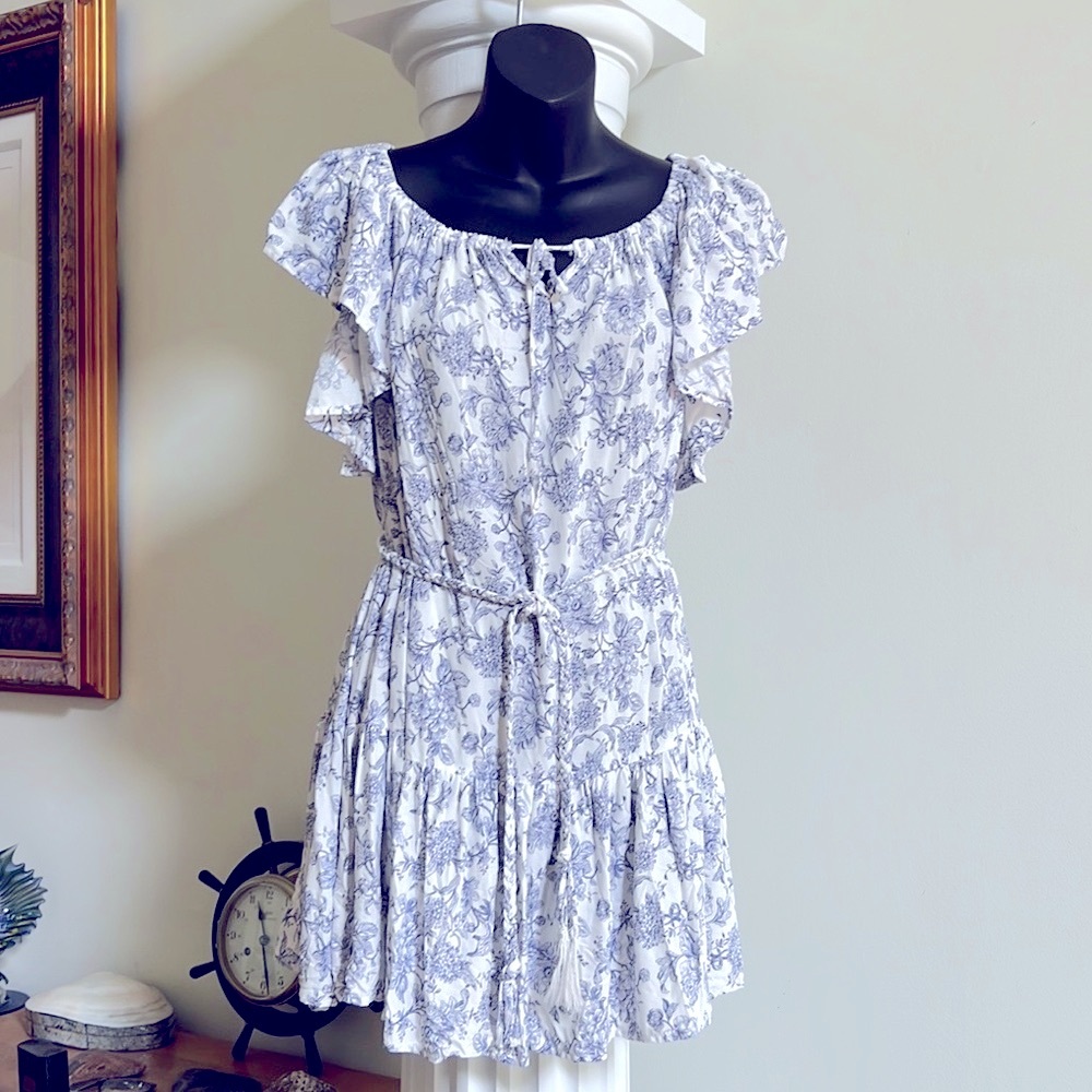 Cynthia Rowley Etoile Micro Floral White and Blue Tiered Summer Mini Dress 👗 - Picture 1 of 9
